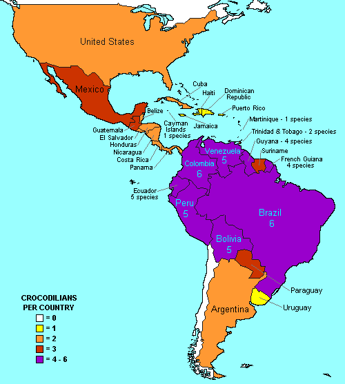 Map of North, Central and South America showing the number of crocodilians occurring in each country