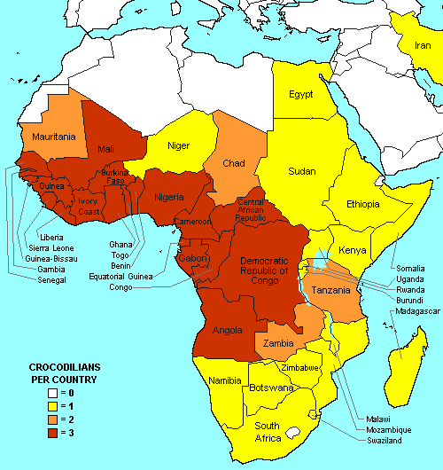 Map of Africa showing the number of crocodilians occurring in each country